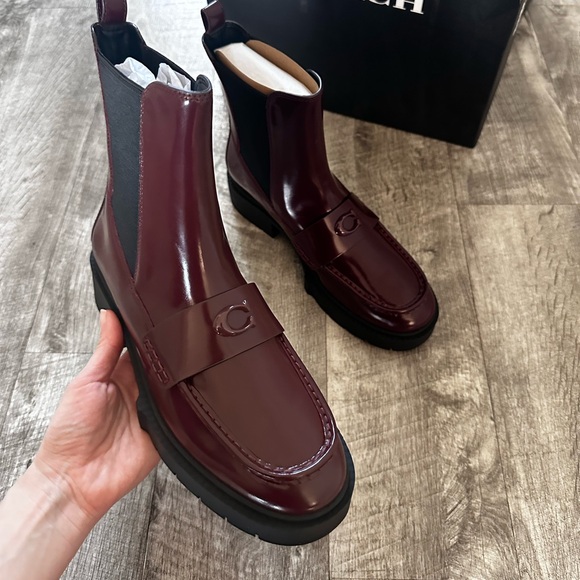 NWT Coach Louisa Leather Chelsea Boots in Merlot Color Size 9,5 - Picture 1 of 11
